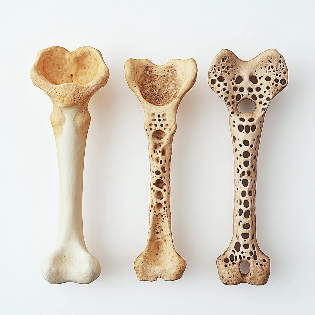 Porównanie struktury kości zdrowej z osteoporozą i osteopenią.